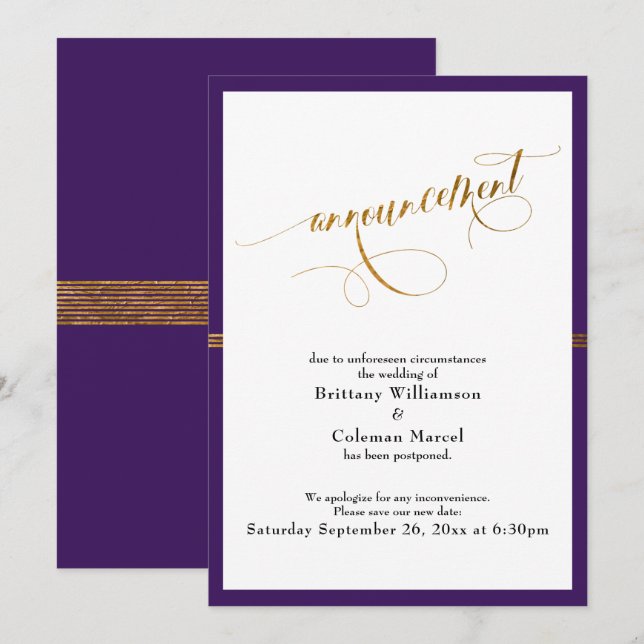 Elegant Announcement Purple & Gold Stripe Card (Front/Back)