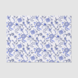 Elegant Antique Blue Floral Chintz on White Tissue Paper