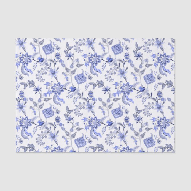 Elegant Antique Blue Floral Chintz on White Tissue Paper (Front)
