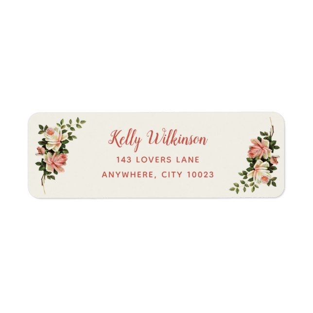 Elegant Antique Cream Rose Script Name Address (Front)