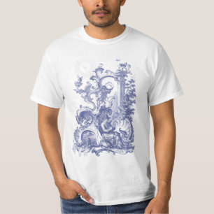 Elegant Antique Engraving Blue Toile Man and Dog T-Shirt