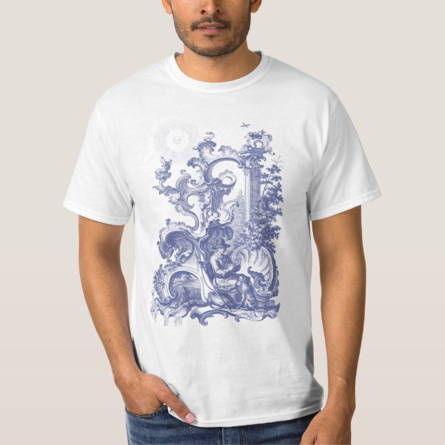 Elegant Antique Engraving Blue Toile Man and Dog T-Shirt (Front)