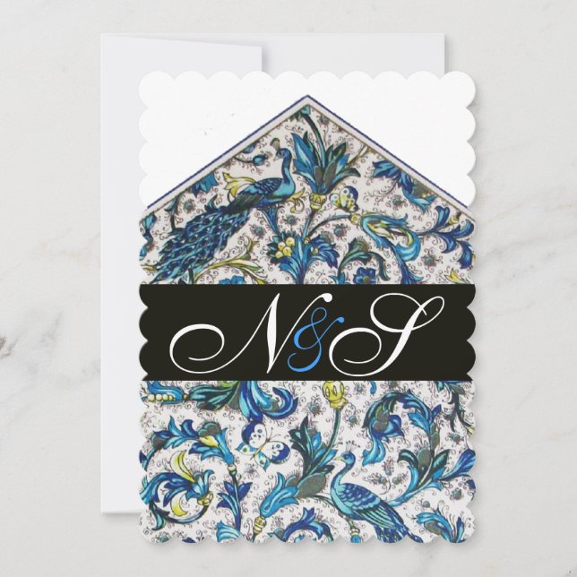 ELEGANT ANTIQUE FLORENTINE BLUE FLORAL MONOGRAM INVITATION (Front)