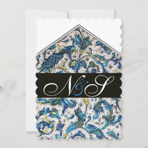 ELEGANT ANTIQUE FLORENTINE BLUE FLORAL MONOGRAM INVITATION