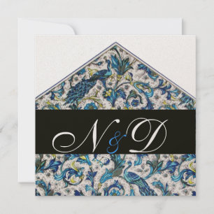 ELEGANT ANTIQUE FLORENTINE BLUE FLORAL MONOGRAM INVITATION