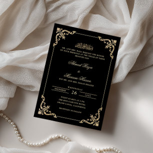 Elegant Antique Frame Gold Black Nikah Ceremony Invitation