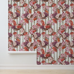 Elegant Antique French Shabby Striped Floral Wallpaper