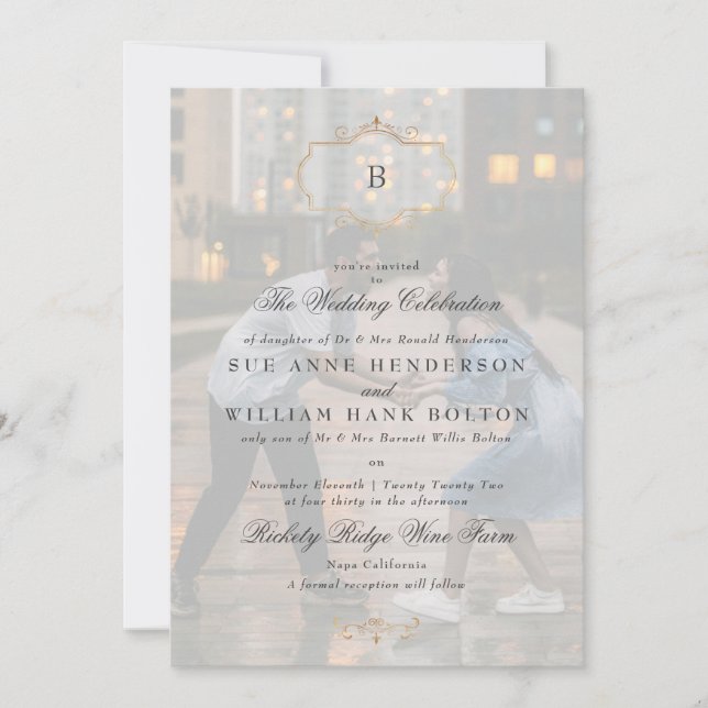 elegant antique gold monogram photo wedding invitation (Front)