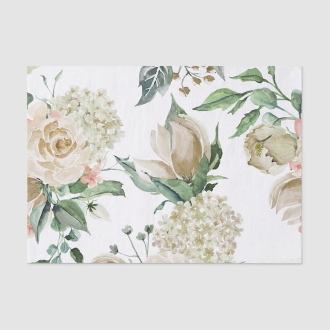 Elegant Antique Ivory Floral Botanical Decoupage Tissue Paper (Front)
