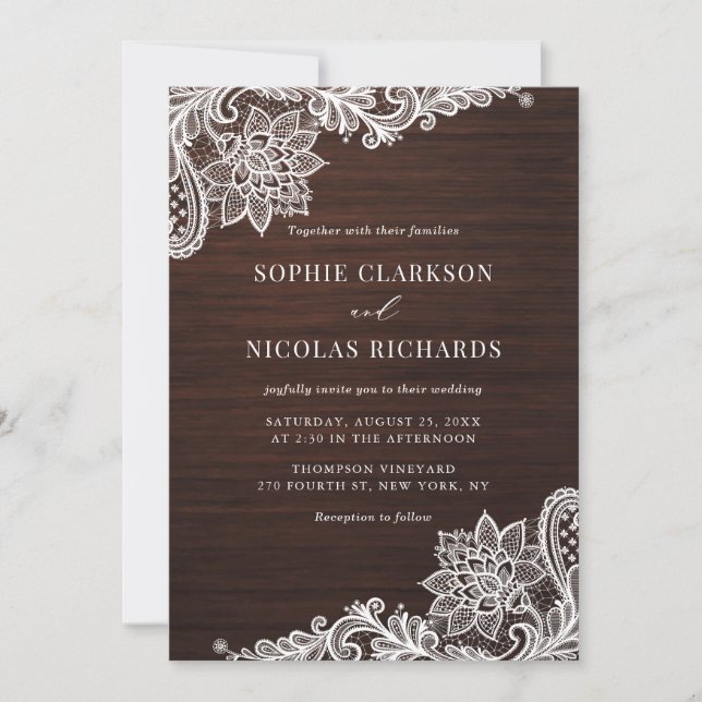 Elegant Antique Lace Rustic Wood Wedding Invitation (Front)