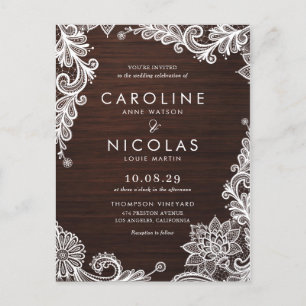 Elegant Antique Lace Wood Country Wedding Invitation Postcard