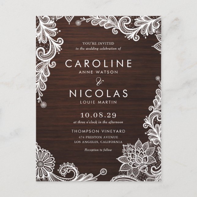 Elegant Antique Lace Wood Country Wedding Invitation Postcard (Front)