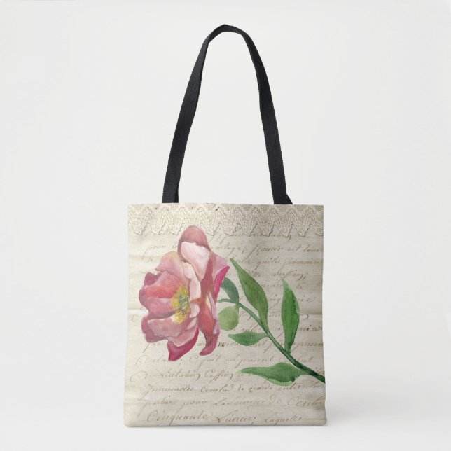 Elegant Antique Letter with Flower Tote Bag (Front)