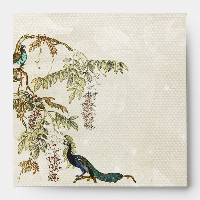 Elegant Antique Look Peacock Wedding Envelope (Front)