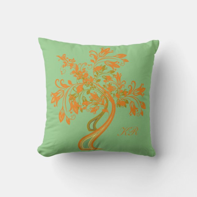 Elegant Antique Mint Green Orange Tree of Life Cushion (Front)