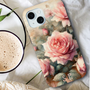 Elegant Antique Pink Rose Floral Monogram Script iPhone 15 Case
