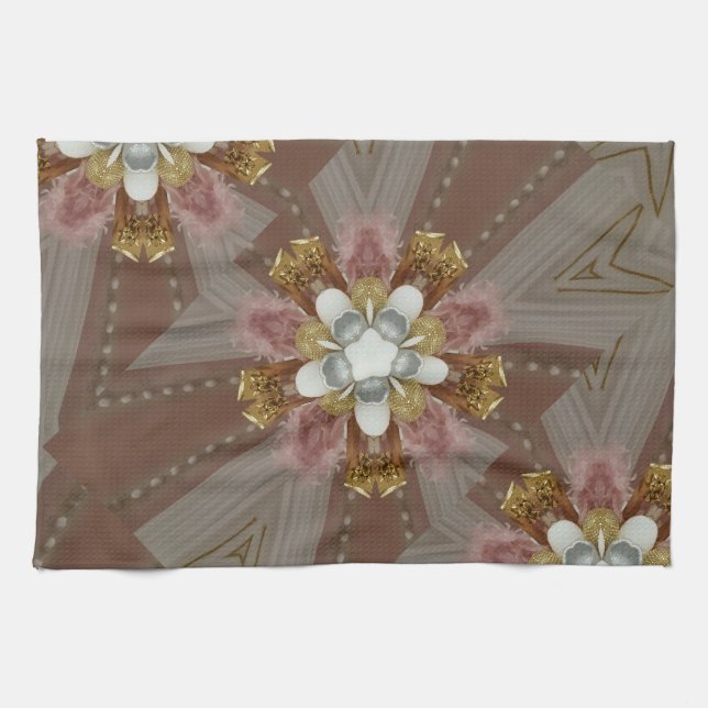 Elegant Antique Pink Silver Grey Gold White Flower Tea Towel (Horizontal)