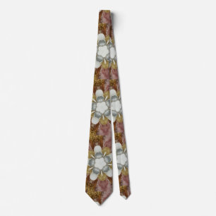 Elegant Antique Pink Silver Grey Gold White Flower Tie