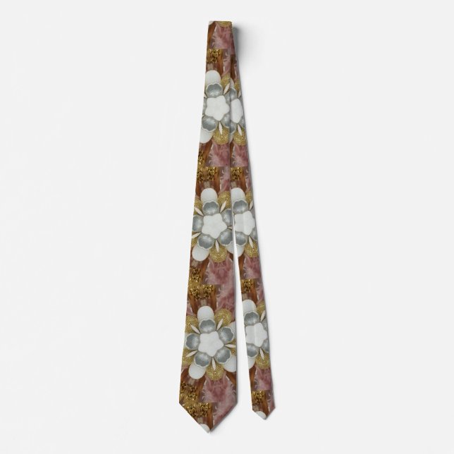 Elegant Antique Pink Silver Grey Gold White Flower Tie (Front)