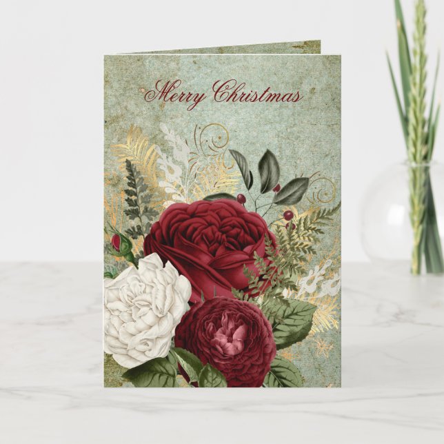 Elegant Antique Roses Christmas Greeting Holiday Card (Front)