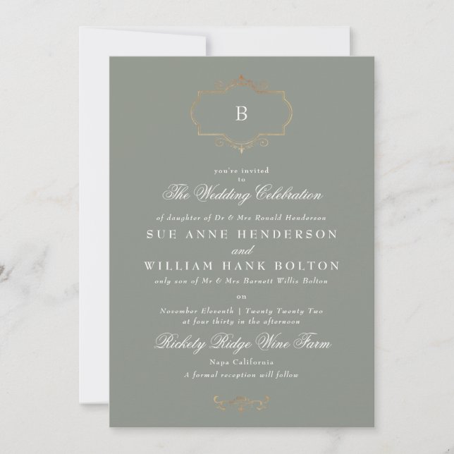 elegant antique sage classic gold monogram wedding invitation (Front)