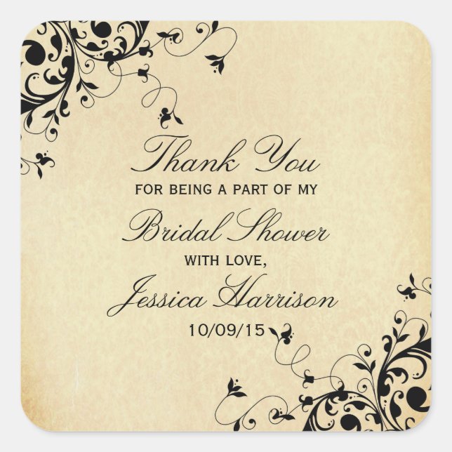 Elegant Antique Swirls Bridal Shower Thank You Square Sticker (Front)