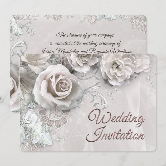 Elegant Antique White Roses Wedding Invitation (Front/Back)