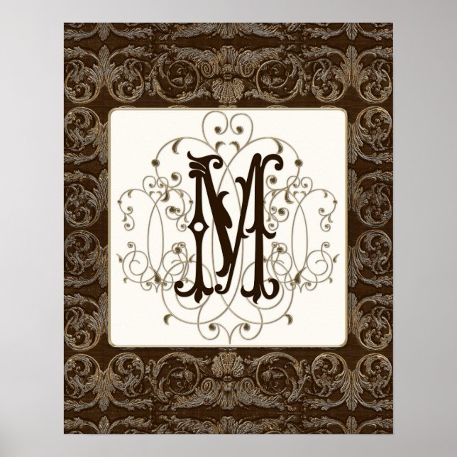 Elegant Antiqued Gold Baroque Monogrammed Wall Art (Front)