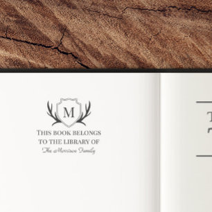Elegant Antler Shield Monogram Book Belongs To Self-inking Stamp