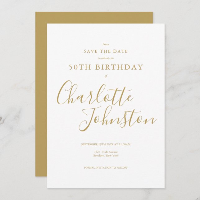 Elegant Any Age Birthday Gold Signature Save The Date (Front/Back)