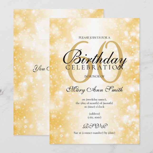 Elegant Any Age Birthday Party Shimmer Lights Gold Invitation (Front/Back)
