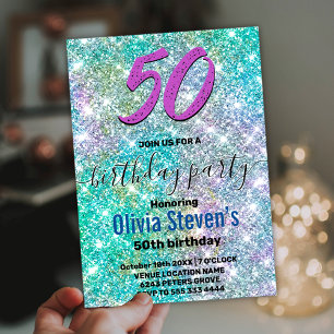 Elegant any age iridescent blue rainbow glitter invitation