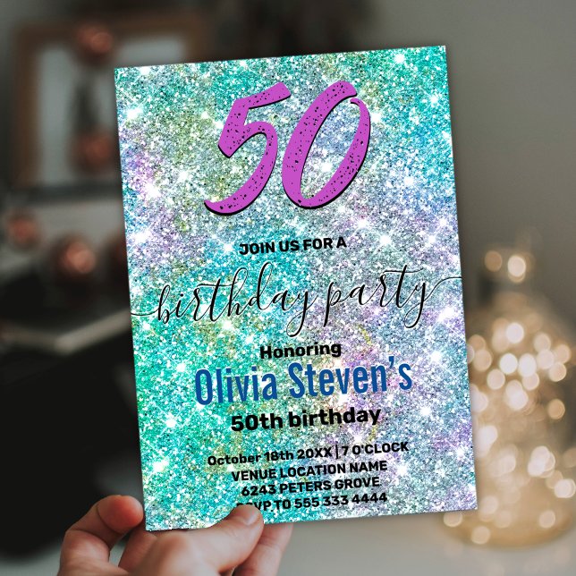 Elegant any age iridescent blue rainbow glitter invitation (Creator Uploaded)