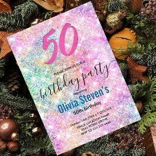 Elegant any age iridescent unicorn rainbow glitter invitation