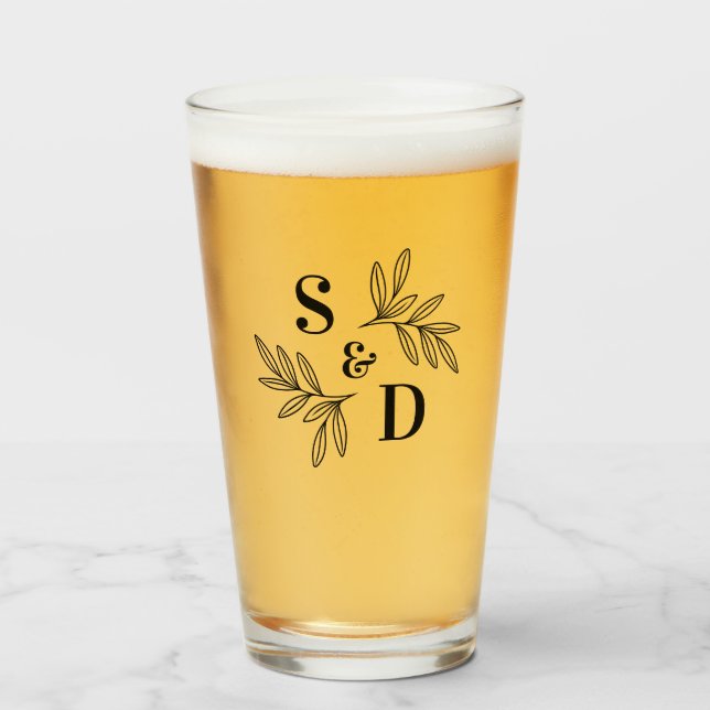 Elegant any colour wedding monogram greenery leave glass (Front Filled)