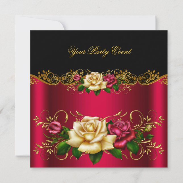 Elegant Any Event Party Gold Pinky Red Cream Roses Invitation (Front)