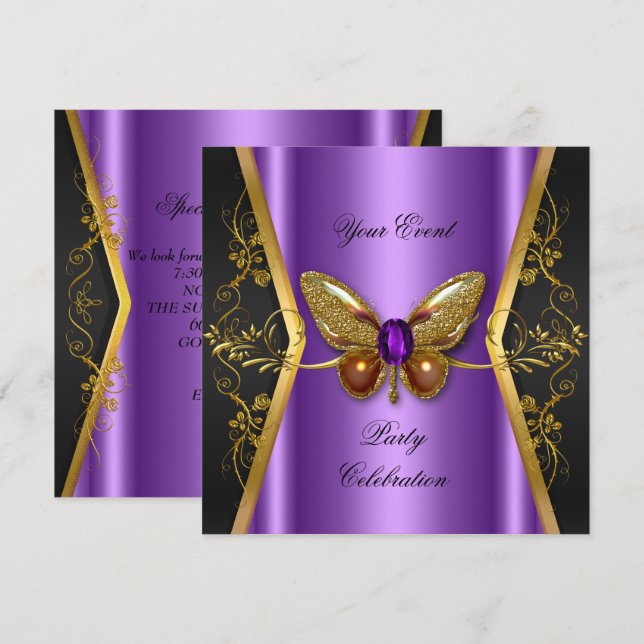 Elegant Any Event Party Purple Gold Butterfly Invitation (Front/Back)