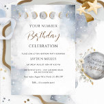 Elegant Any Number Silver, Gold Celestial Birthday Invitation<br><div class="desc">Gorgeous birthday invitation with ability to add any birthday number and even change "celebration" text to "party", "dinner party" "brunch" or anything you like! Beautiful watercolor celestial background with sky, stars, moon phases framing your information. "Birthday" in modern hand written calligraphy. Dainty stars, moon details and "sweet" in faux gold...</div>