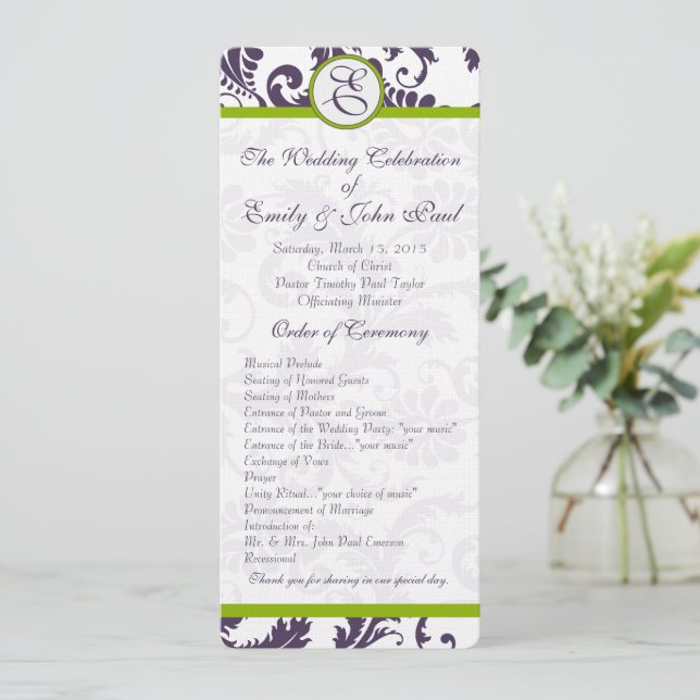 Elegant Apple Green Trim Lapis Purple Damask Programme (Standing Front)
