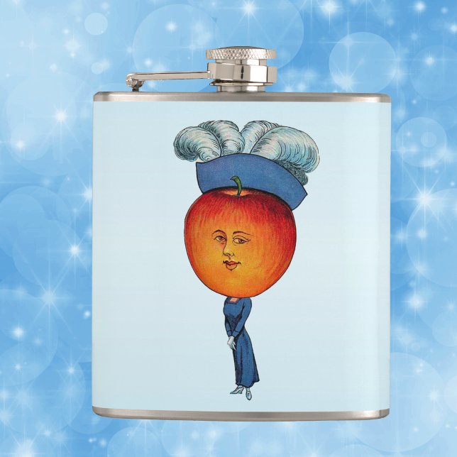 Elegant Apple Head Lady Feather Hat Hip Flask (Anthropormorphic apple head lady fancy blue dress feathered hat on light blue drinking flask.)