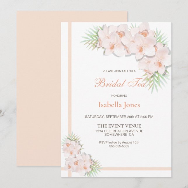 Elegant Apricot Orchid Floral Bridal Tea Invitation (Front/Back)