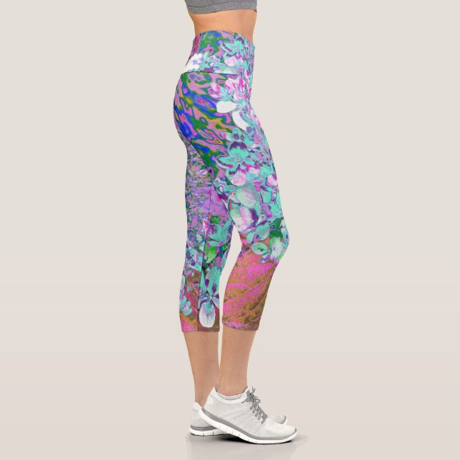 Elegant Aqua and Purple Limelight Hydrangea Detail Capri Leggings (Right)