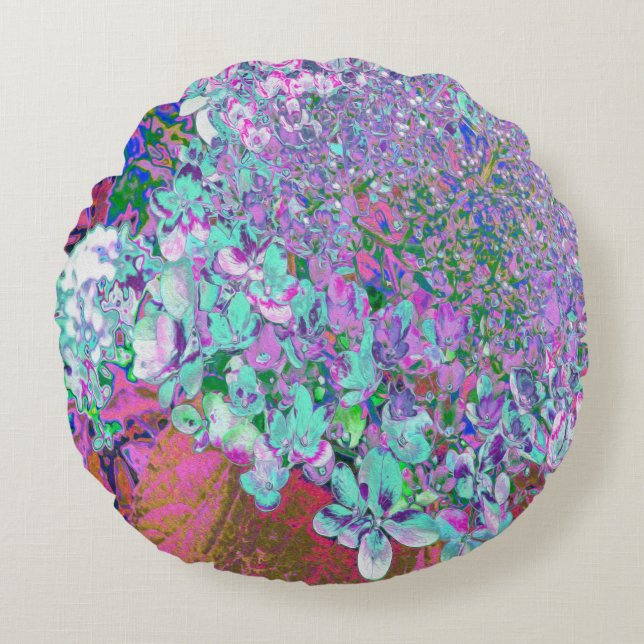 Elegant Aqua and Purple Limelight Hydrangea Detail Round Cushion (Front)