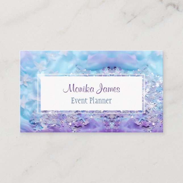 Elegant Aqua and Violet Lilac Shimmer Glitter Business Card (Front)