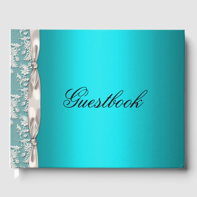 Elegant Aqua and White Satin Ribbon Wedding Guest Book (Front)