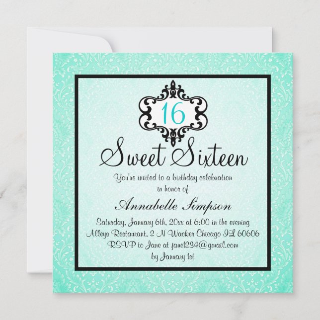 Elegant Aqua & Black Chic Damask Sweet 16 Invite (Front)
