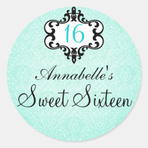 Elegant Aqua & Black Chic Damask Sweet 16 Sticker