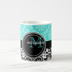 Elegant Aqua Black Damask Personalised Coffee Mug