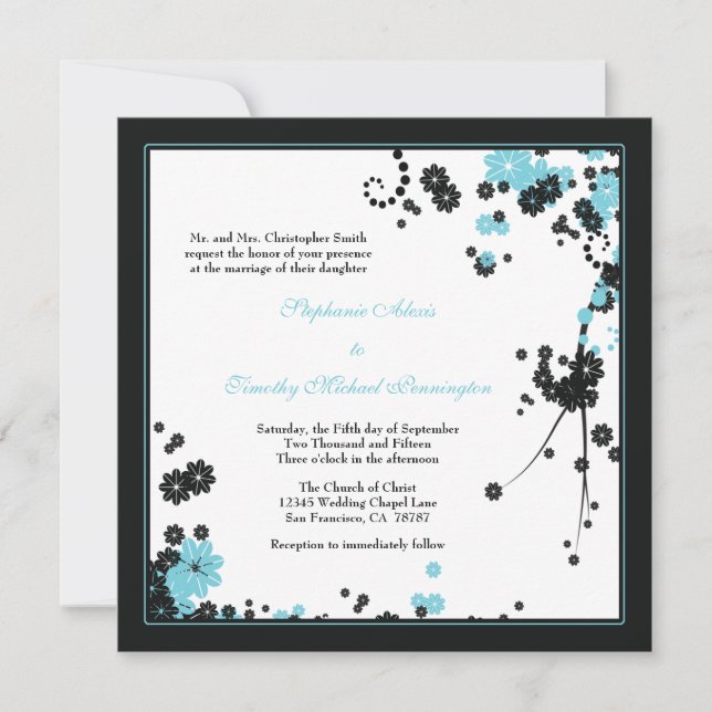 Elegant aqua + black flowers wedding invitation (Front)