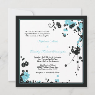 Elegant aqua + black flowers wedding invitation